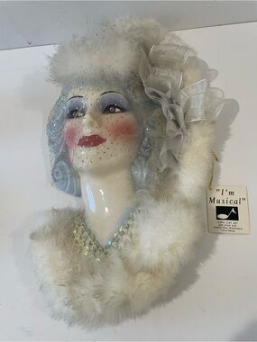 Vintage 1992 Clay Art Ceramic Mask White & Blue Feathers Sequins Musical